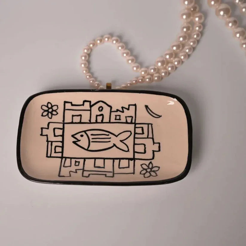 Fish trinket trayHandmade Stoneware Trinket Dish – Hand-Painted Fish Motif | Jewelry Holder | Boho Ceramic Vanity Tray