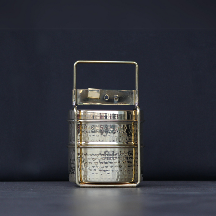 Golden Pure Brass Tiffin Box With Hammered Design For Office School & Travelling