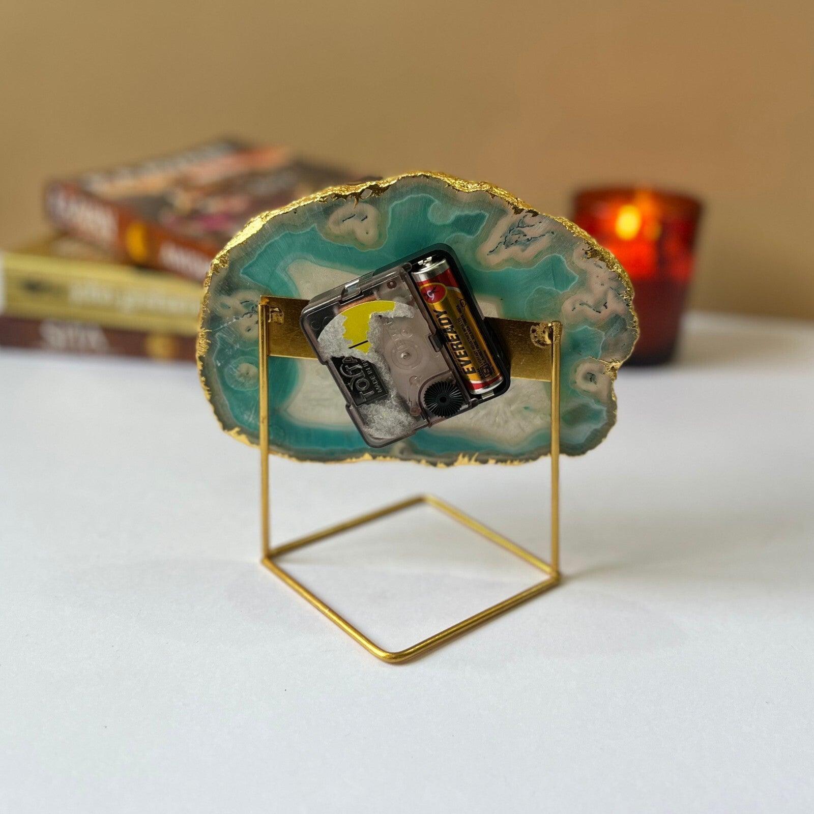 Brazilian Agate Desktop Clock with Metal Stand | Antique Timepiece