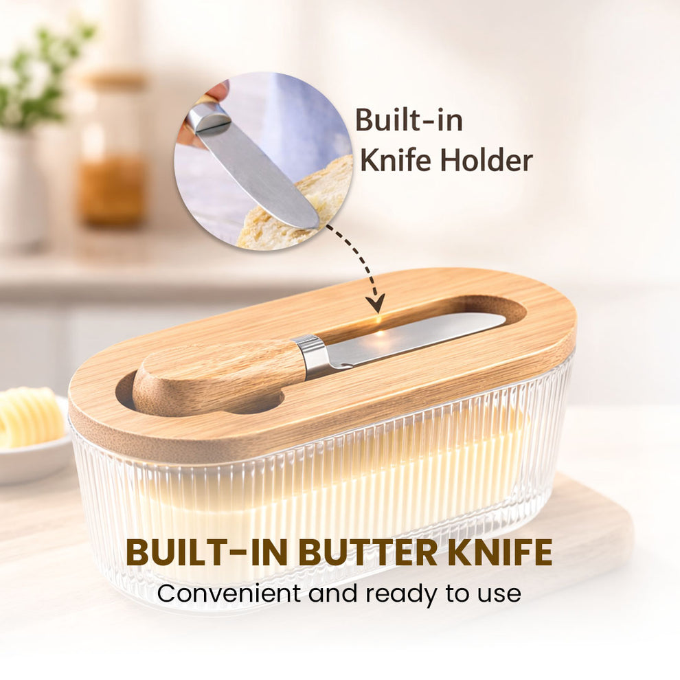 Premium Glass Butter Dish with Wooden Lid, Large Butters Container Keeper Storage with Stainless Steel Knife Spreader, Bamboo Cover and Silicone Sealing Ring for West East Coast