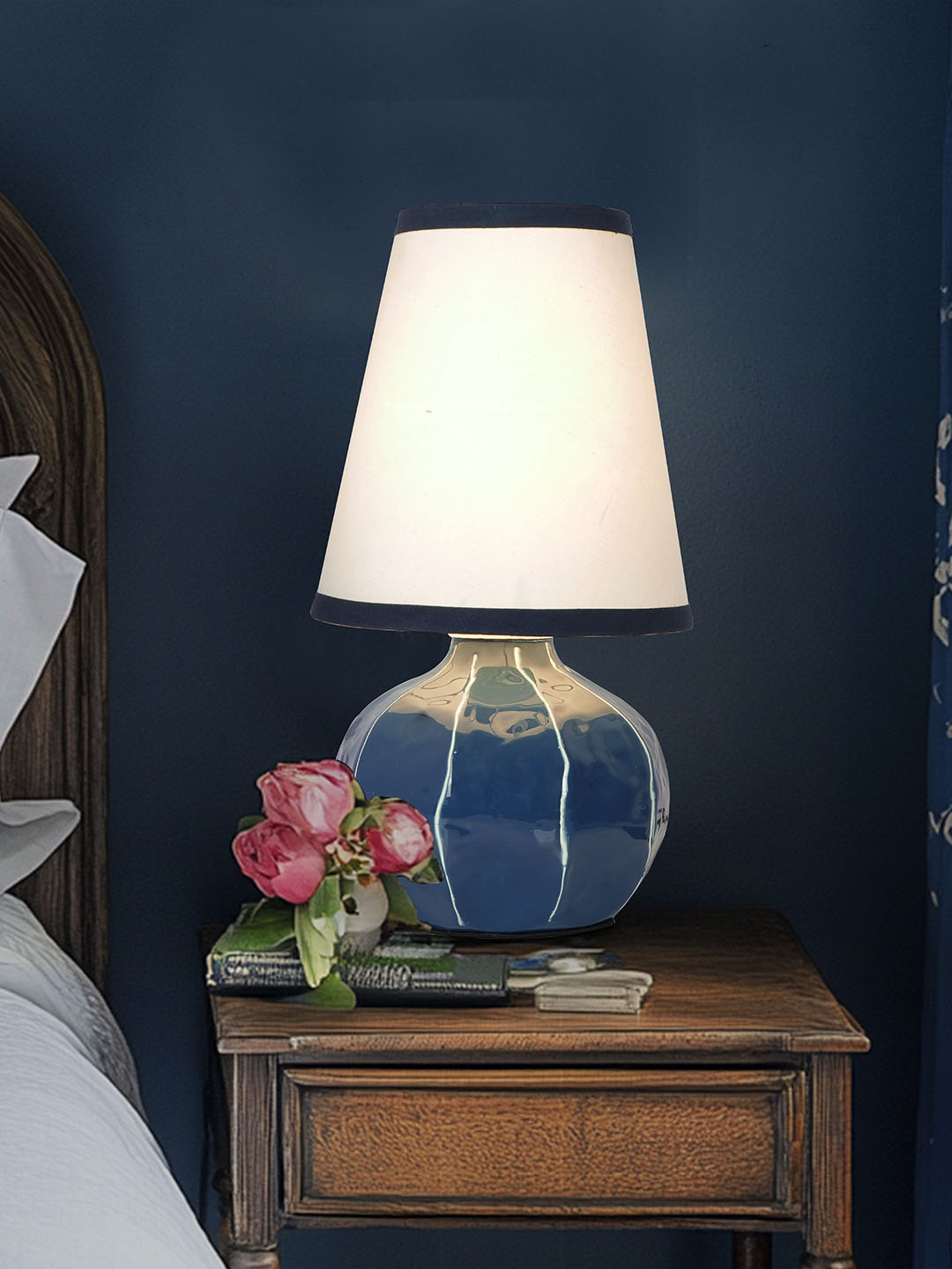 Contemporary Enamel Blue Melon-Shaped Table Lamp with Hand-Painted Lines