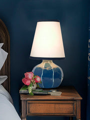 Contemporary Enamel Blue Melon-Shaped Table Lamp with Hand-Painted Lines