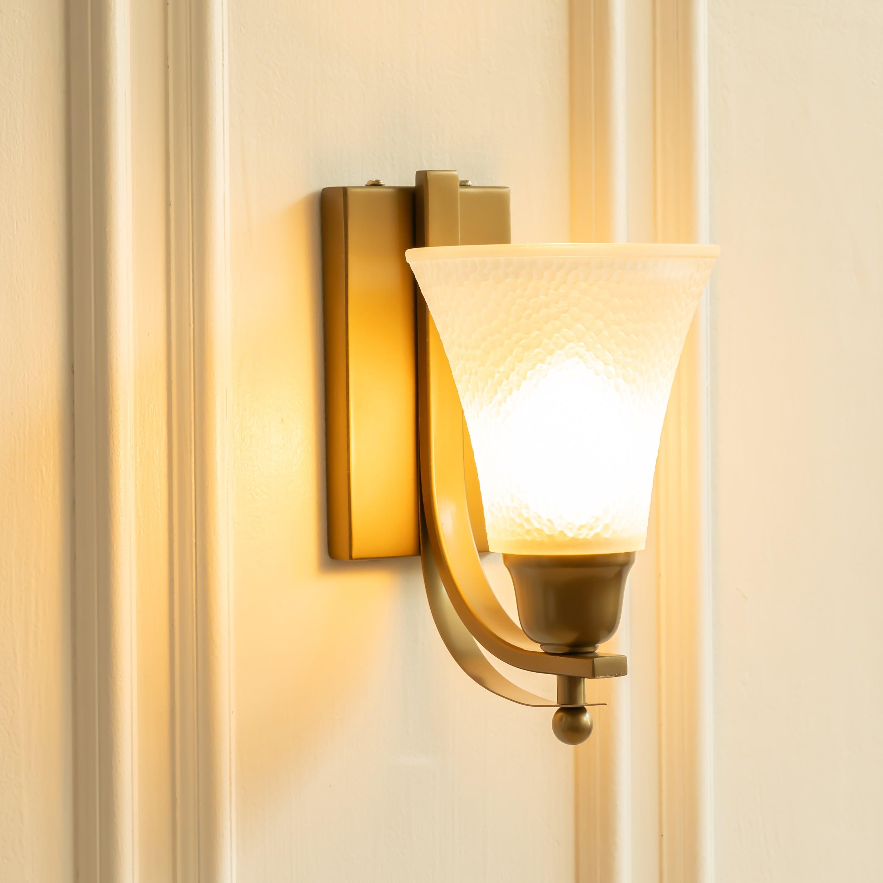 Brass Antique Finish J Wall Lamp with Frosted Hammered Glass Shade | Wall Light for Living Room