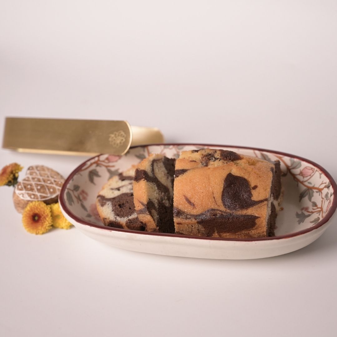 Stoneware Oval Tray with Peony Print & Brass Tong Set – Handcrafted Serveware for Snacks, Cookies & Festive Gifting