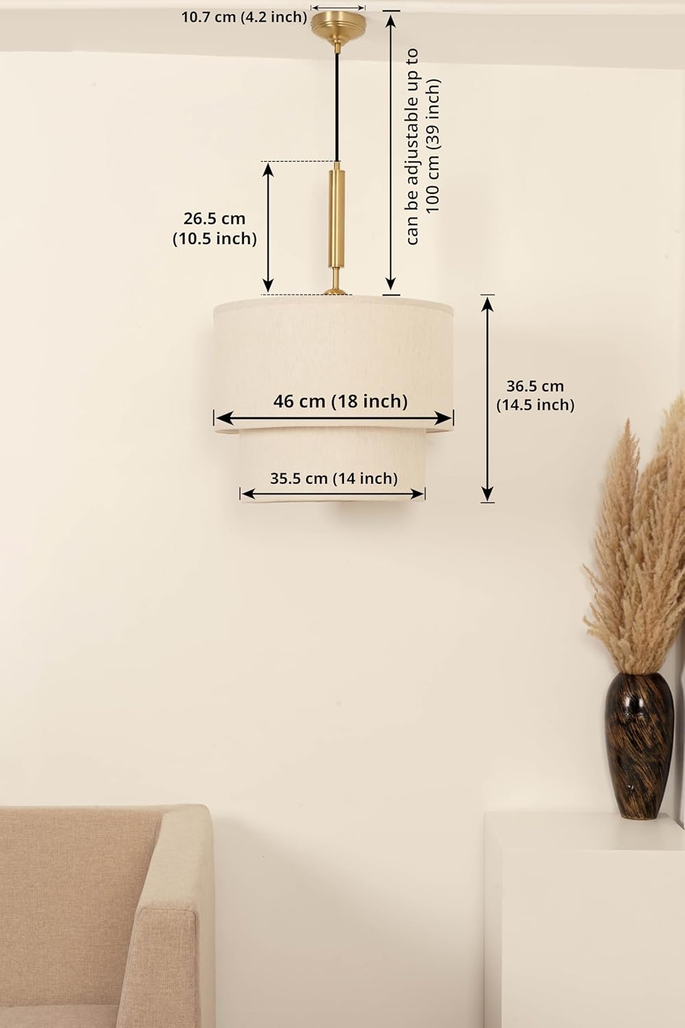 Double Beige Cotton Fabric Pendant Hanging Light Antique Brass Finish for Home Decoration, Restaurants, Cafes