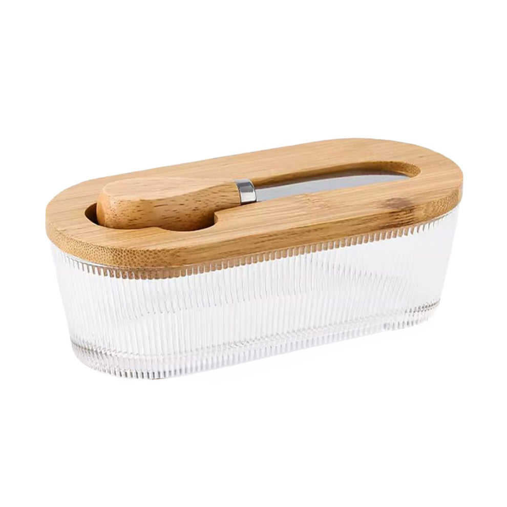 Premium Glass Butter Dish with Wooden Lid, Large Butters Container Keeper Storage with Stainless Steel Knife Spreader, Bamboo Cover and Silicone Sealing Ring for West East Coast