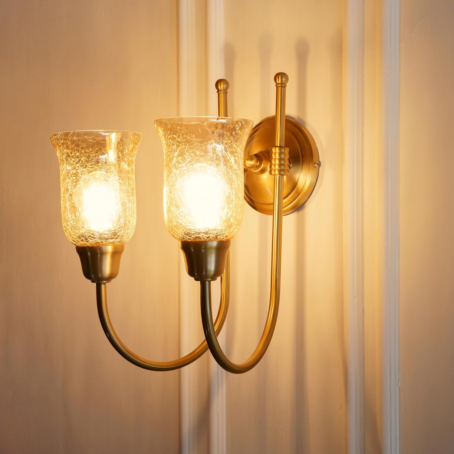 Double Hockey Wall Lamp Antique Brass Finish with Chimney Crackled Glass Shade for Living Room, Bedroom and Home Decoration