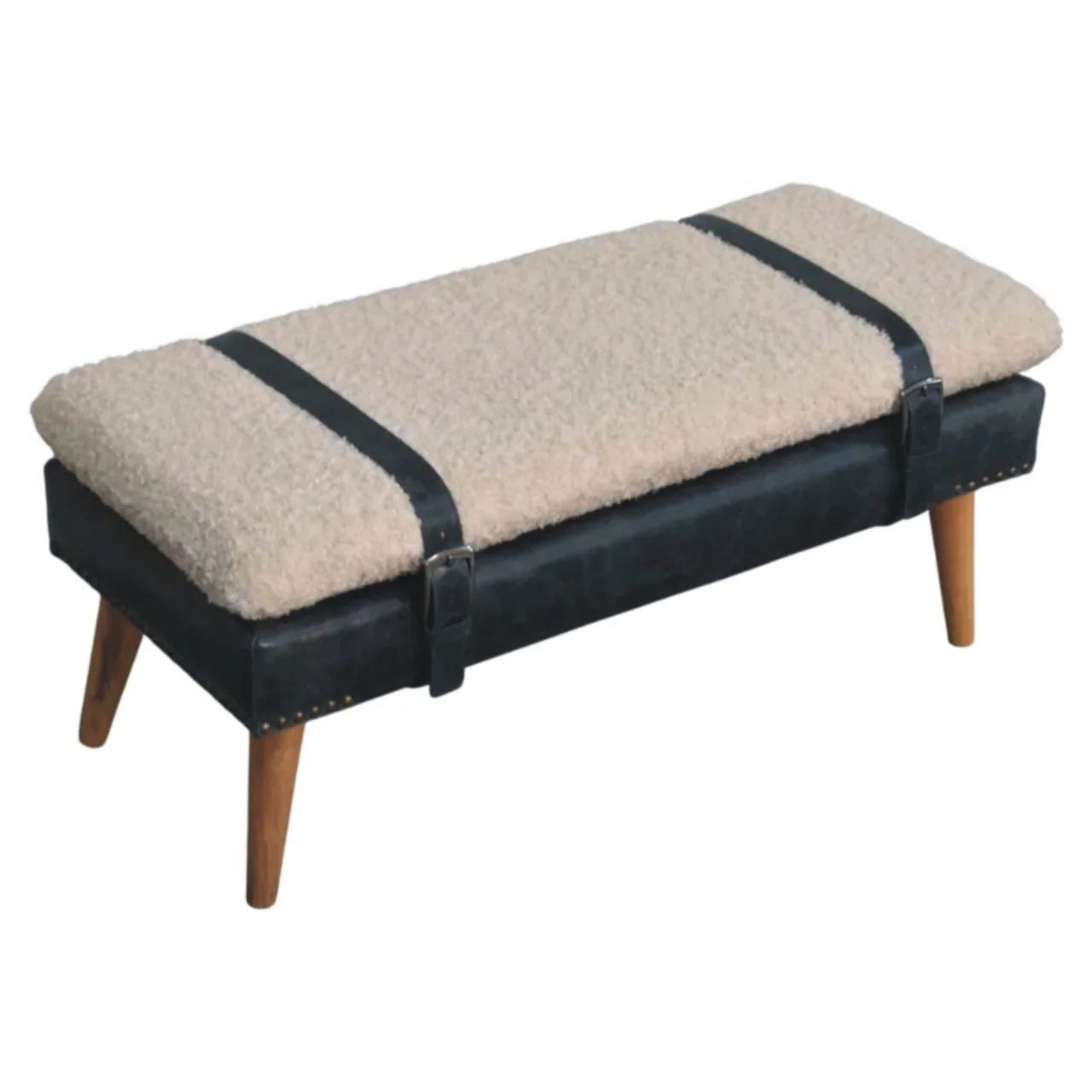 Boucle & Mahogany Leather Bench | Wooden Bench with Nordic Legs | Mango Wood Sitting Bench