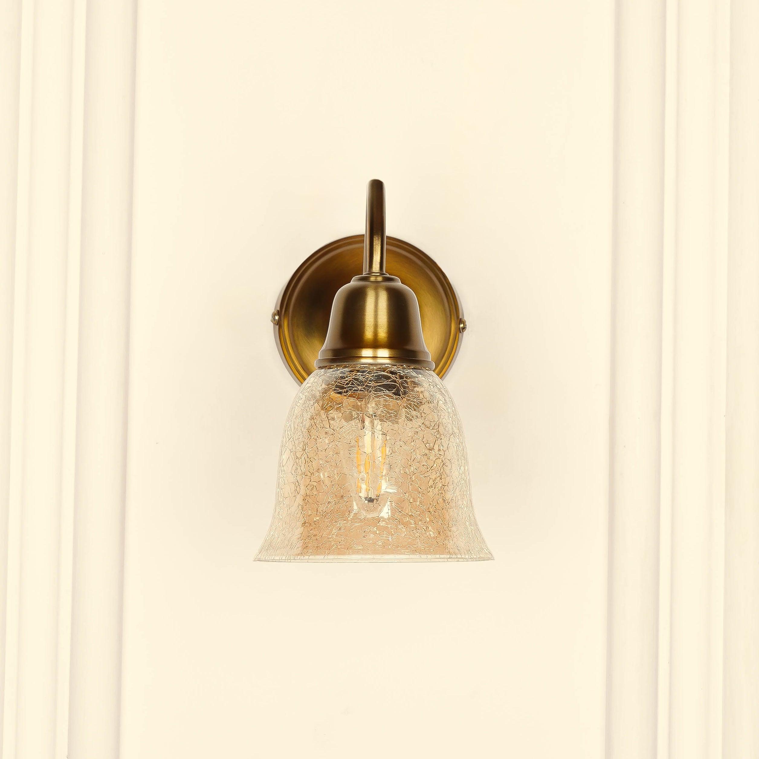 Brass Antique Finish Curved Down Wall Lamp with Cup Glass Crackled Golden Luster Shade