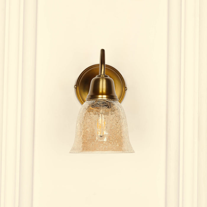 Brass Antique Finish Curved Down Wall Lamp with Cup Glass Crackled Golden Luster Shade