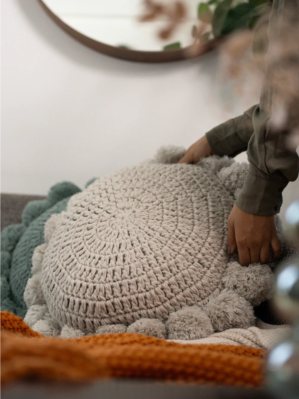 Nimbus Round Cushion | Knitted Wool Decorative Cushion for Sofa, Bed & Chair