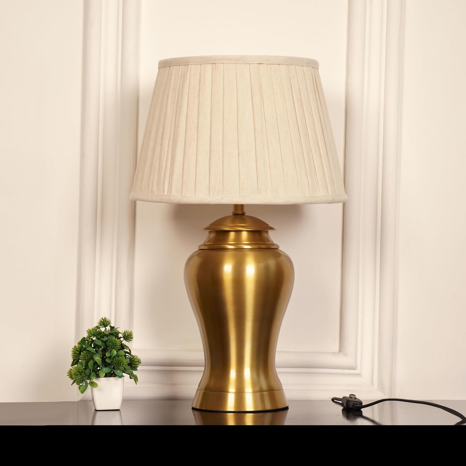 Royal Brass Antique Gold Finish Table Lamp 23 Inches Height With Off White 14 Inches Pleated Diameter Lampshade