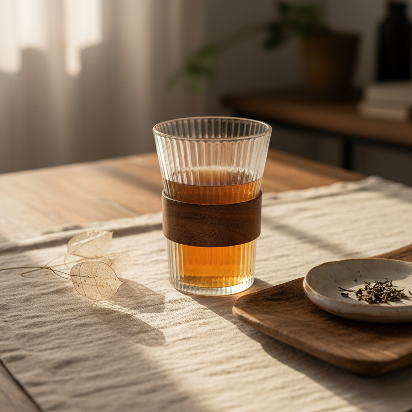 Orion Glass Set | Frosted Drinkware with Wooden/Leather Sleeve (230 ml, Set of 2)