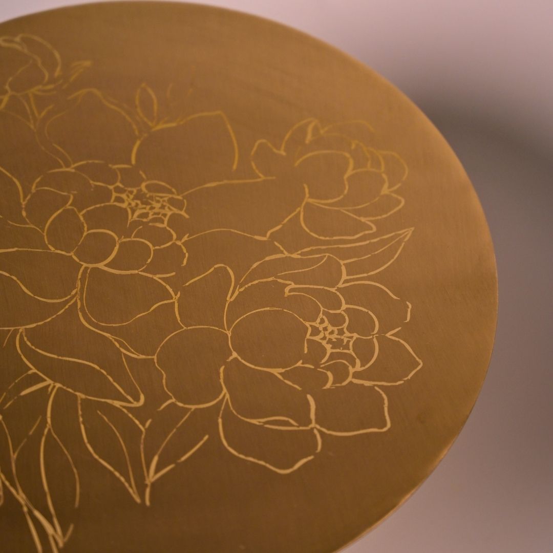 Pure Brass Cake Stand – Laser-Etched Peony Flower Design | Luxury Dessert Stand for Weddings, Festive Hosting & Home Décor