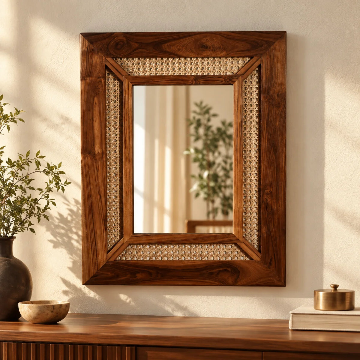 Vintage Teak Cane Wall Mirror
