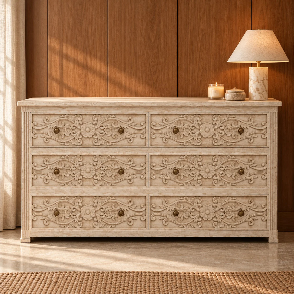 Magna Carved Wooden Chest Of Drawer / Dresser |  Mango Wood