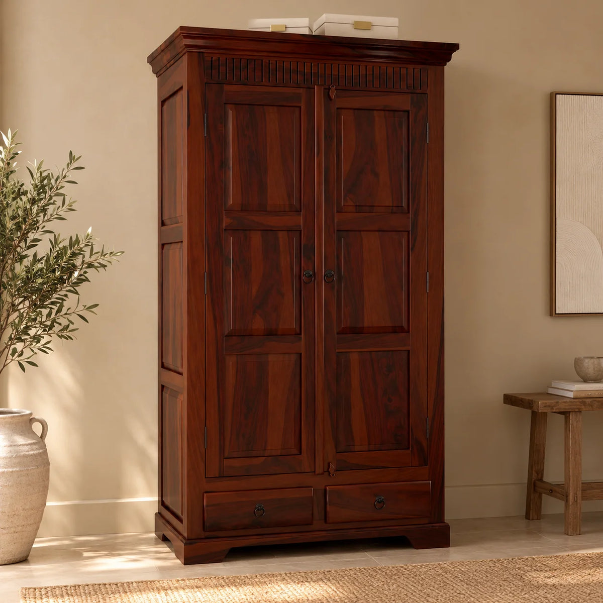 Parker Solid Sheesham Wood 2 Door 2 Drawer Wardrobe In Mahogany Finish