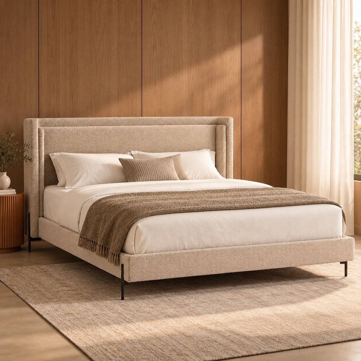 Debo Fabric Upholstery And Black Finished Metal Legs King Size Bed