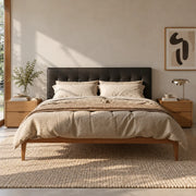 Ruvella Solid Teak Wood And Fabric/Faux Leather Upholstery King Size Bed
