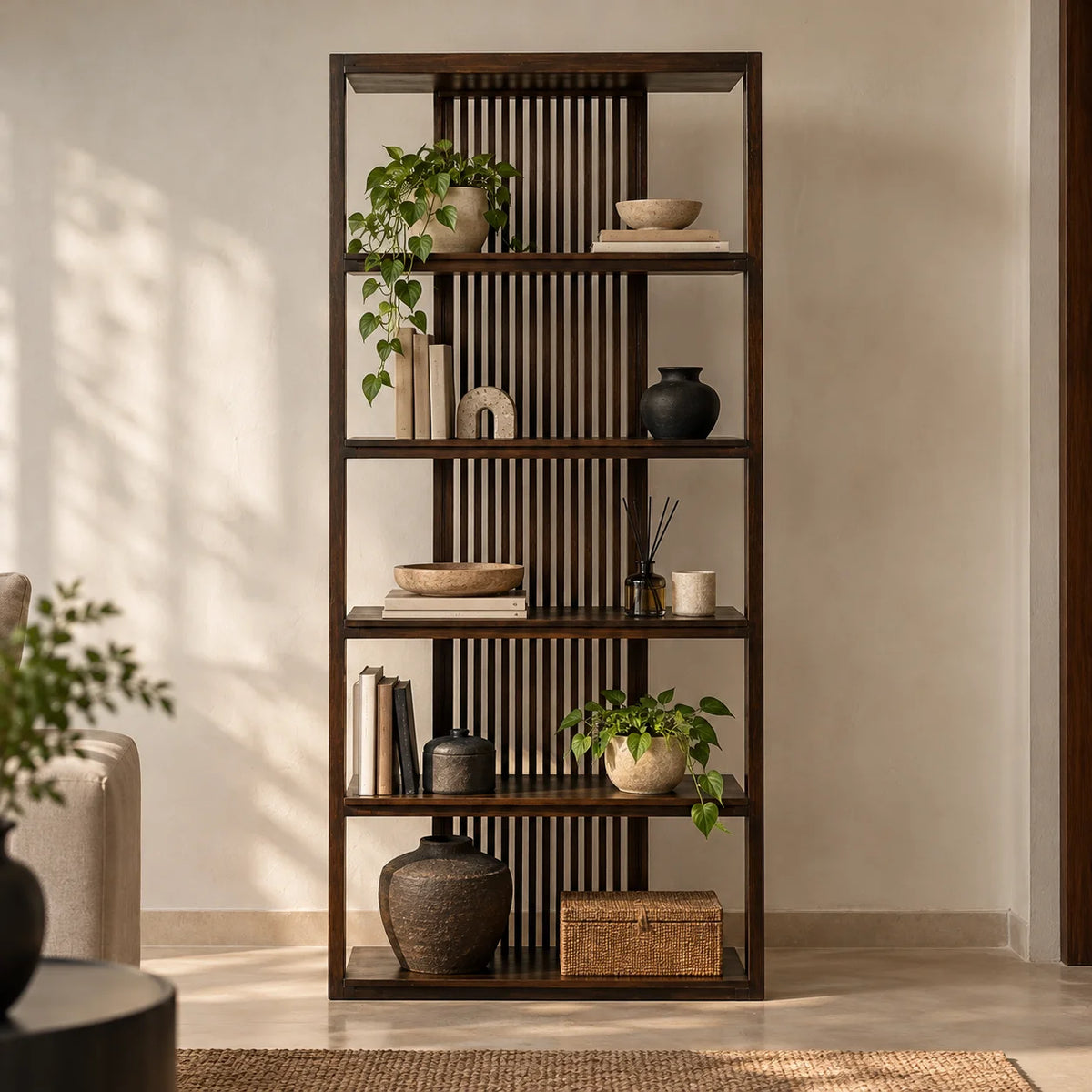 Klaus Mango Wood Bookshelf | Designer Wooden Display Shelf for Living Room & Study