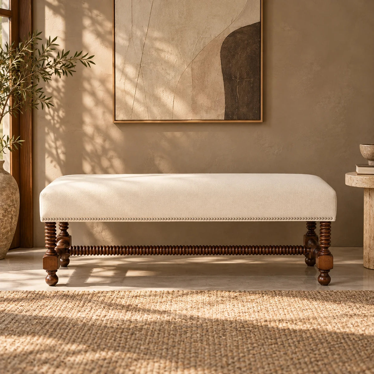 Caelrix Teak Wood & Fabric Upholstery Bench