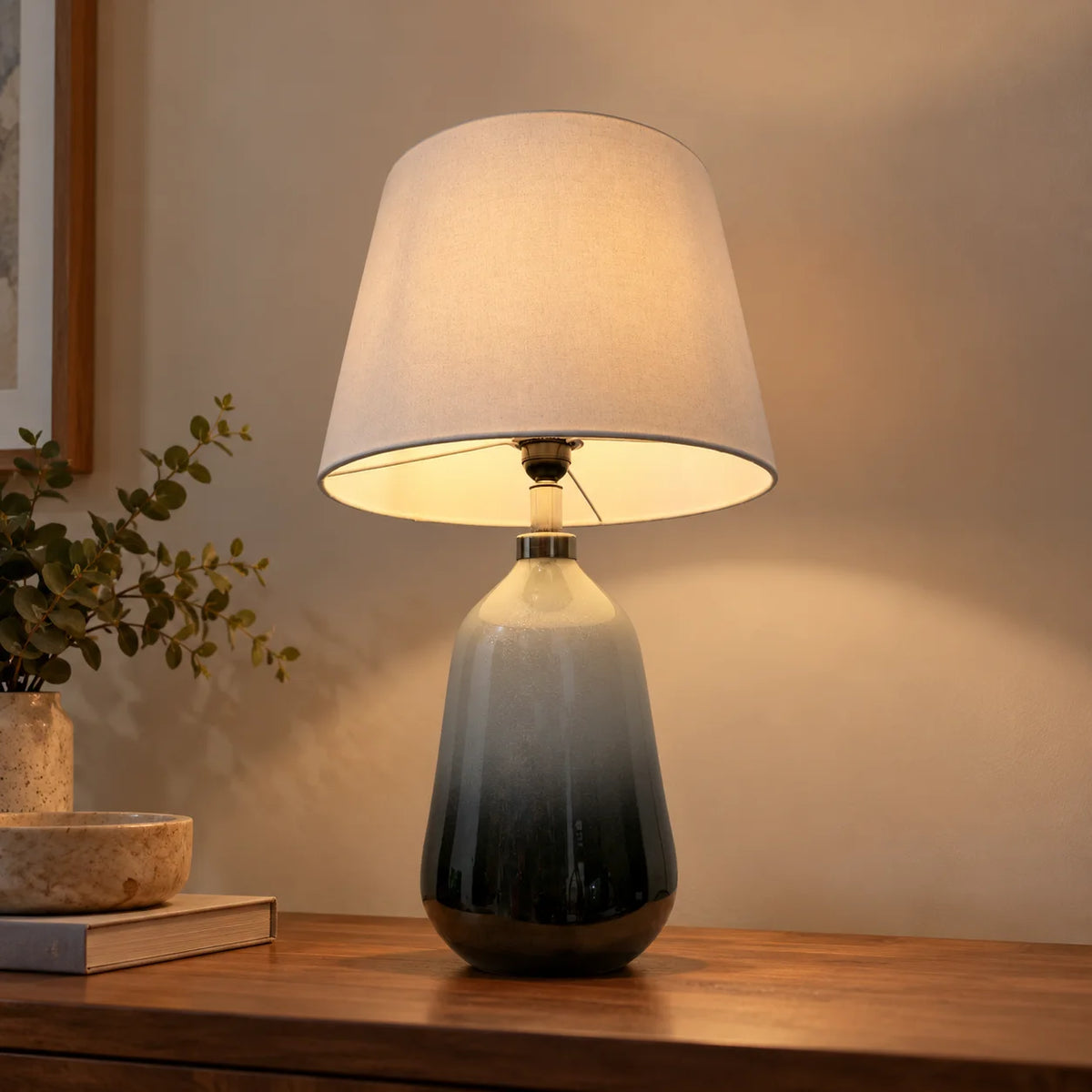 Smoke Grey Glass Table Lamp for Living Room | Modern Ombre Study Lamp with White Linen Shade