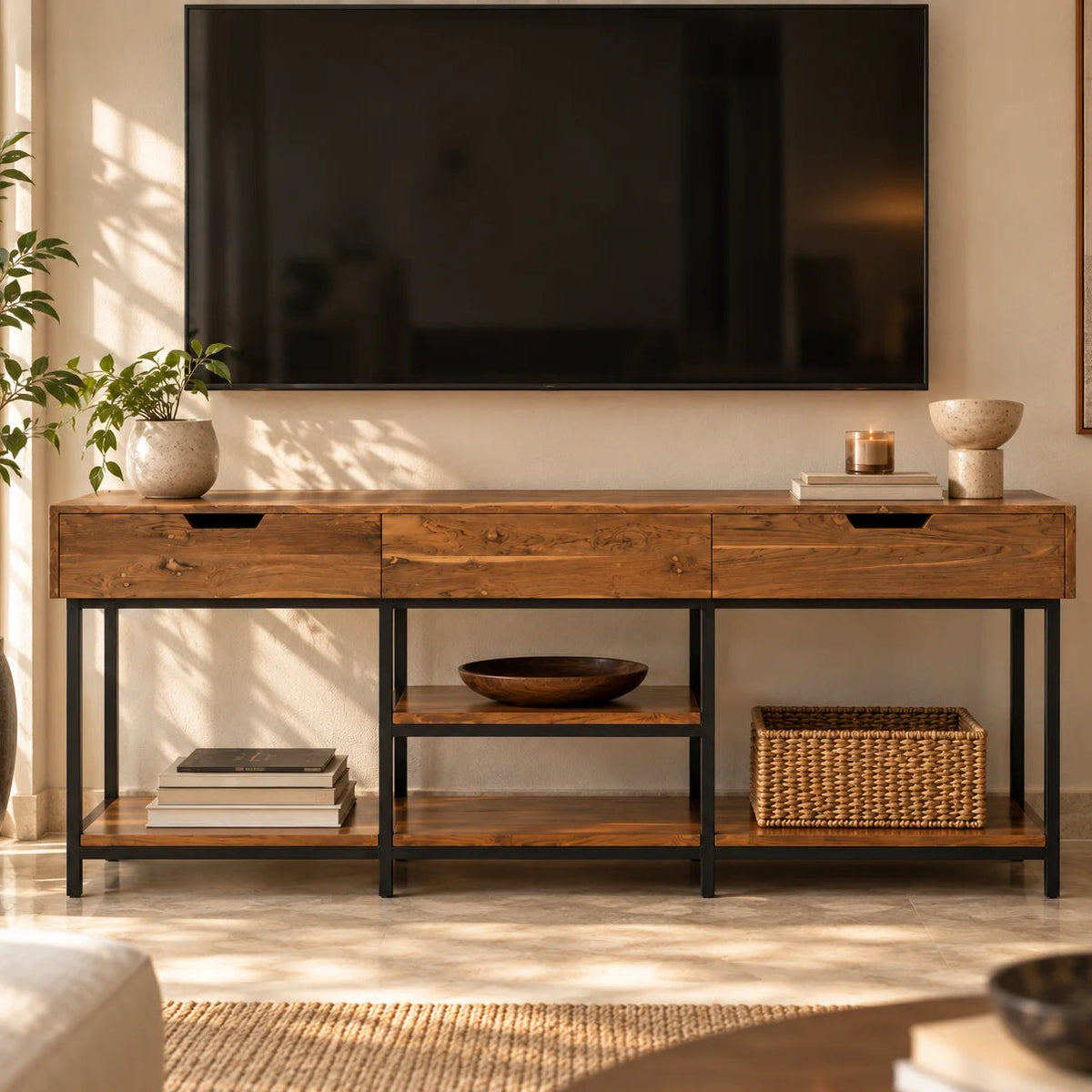 Zenith Wooden TV Unit | Open TV Unit with Storage | Hallway Counter | Basin Counter