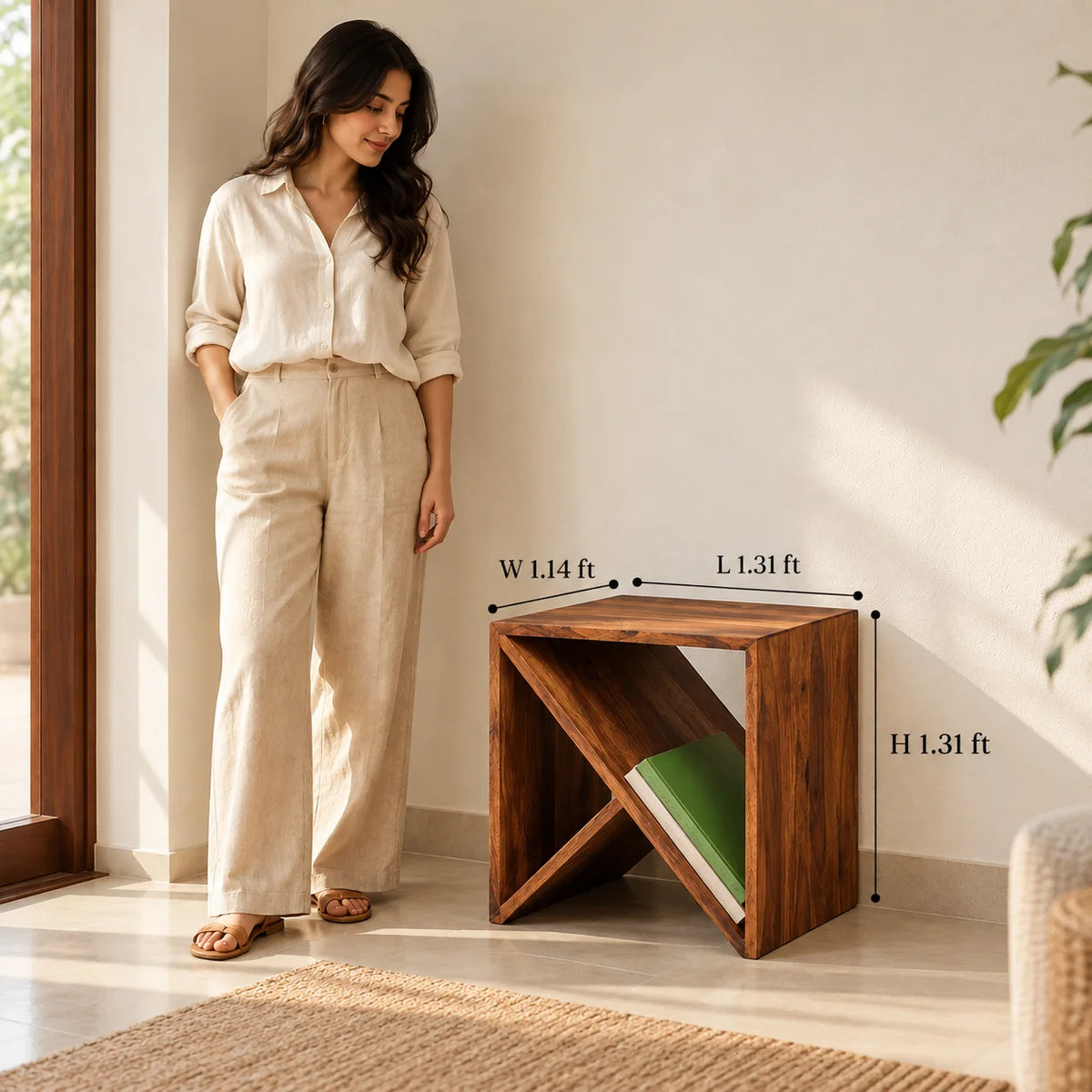 A woman in a beige linen outfit stands beside a wooden side table in a bright room. The table has overlaid dimension labels showing width 1.