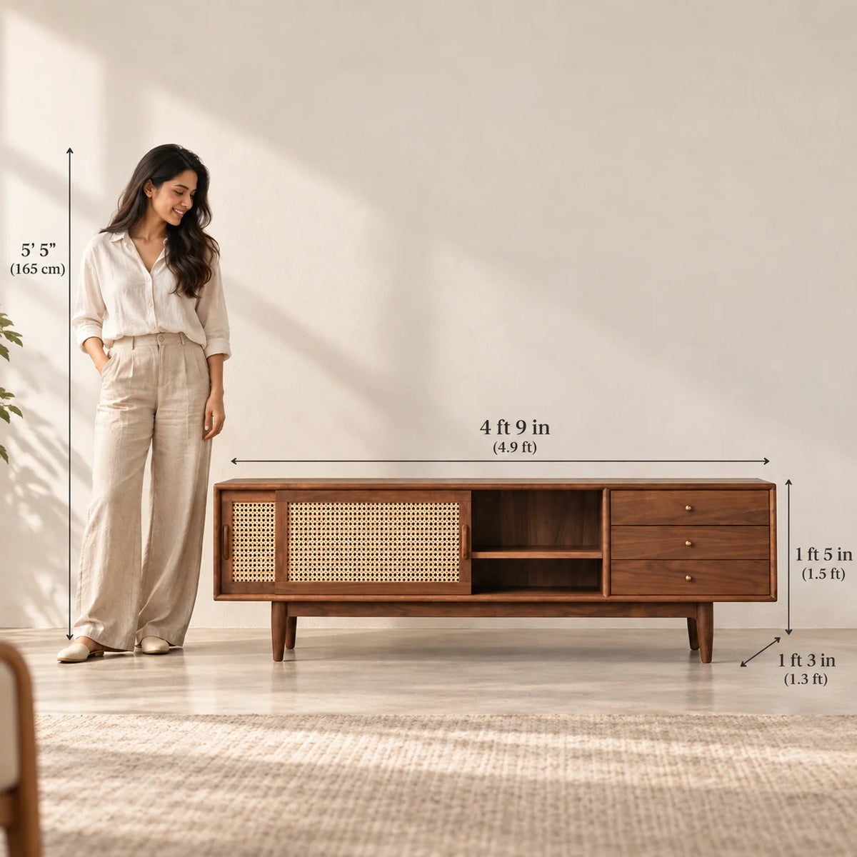 Sleek Rattan Door Sliding TV Cabinet | Sheesham Wood TV Unit for Living Room
