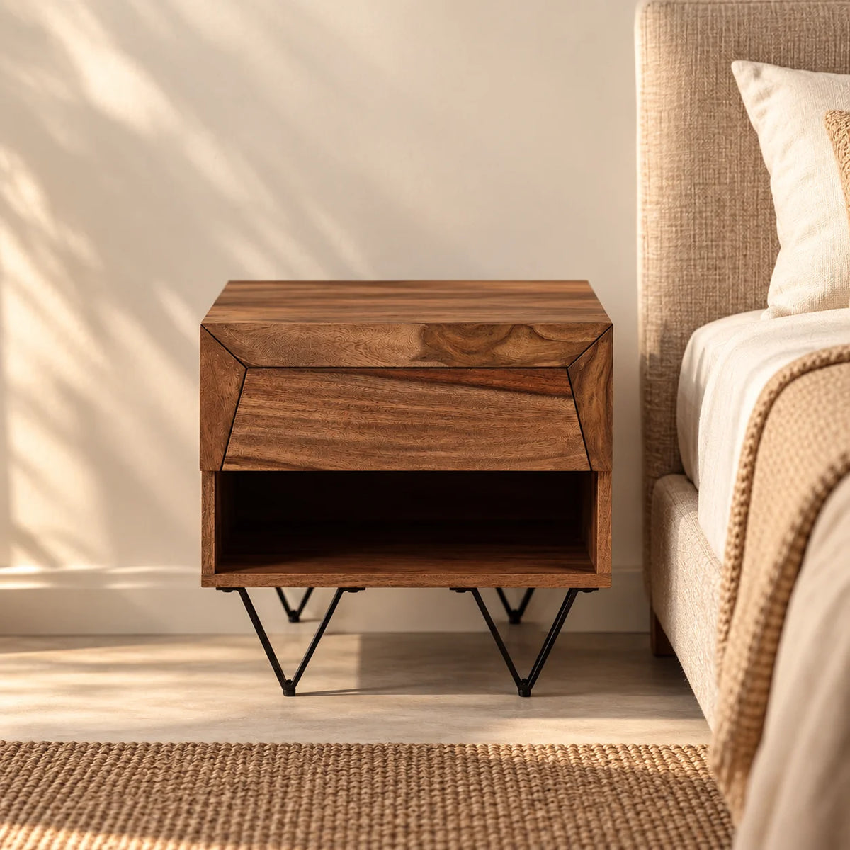 Metric Wood & Metal Bedside Table With Drawer For Living Room & Bedroom