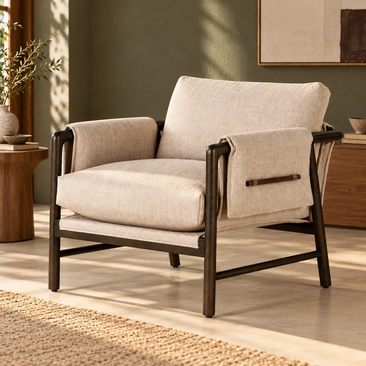 Aerin Solid Teak Wood & Fabric Upholstery Armchair