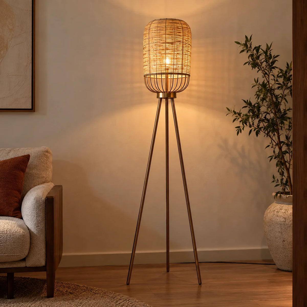 Natural Cane & Iron Finish Floor Lamp Light Standing On Tripod For Home Decor