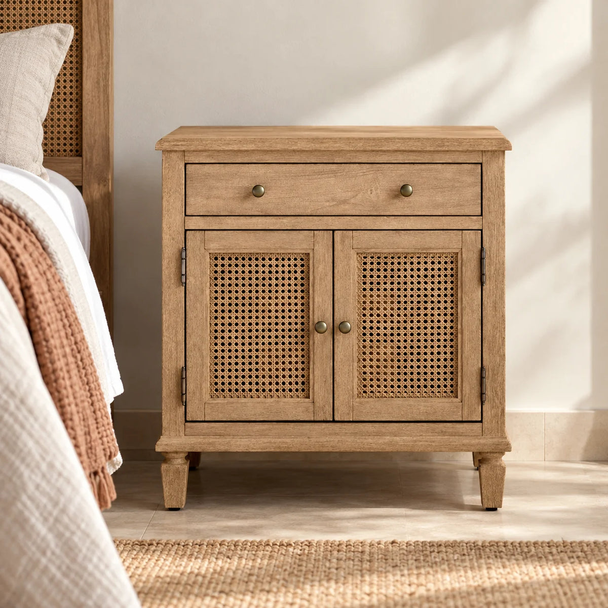 Felix Rattan Bedside Table with Drawer | Wooden Side Table for Living Room | Nightstand