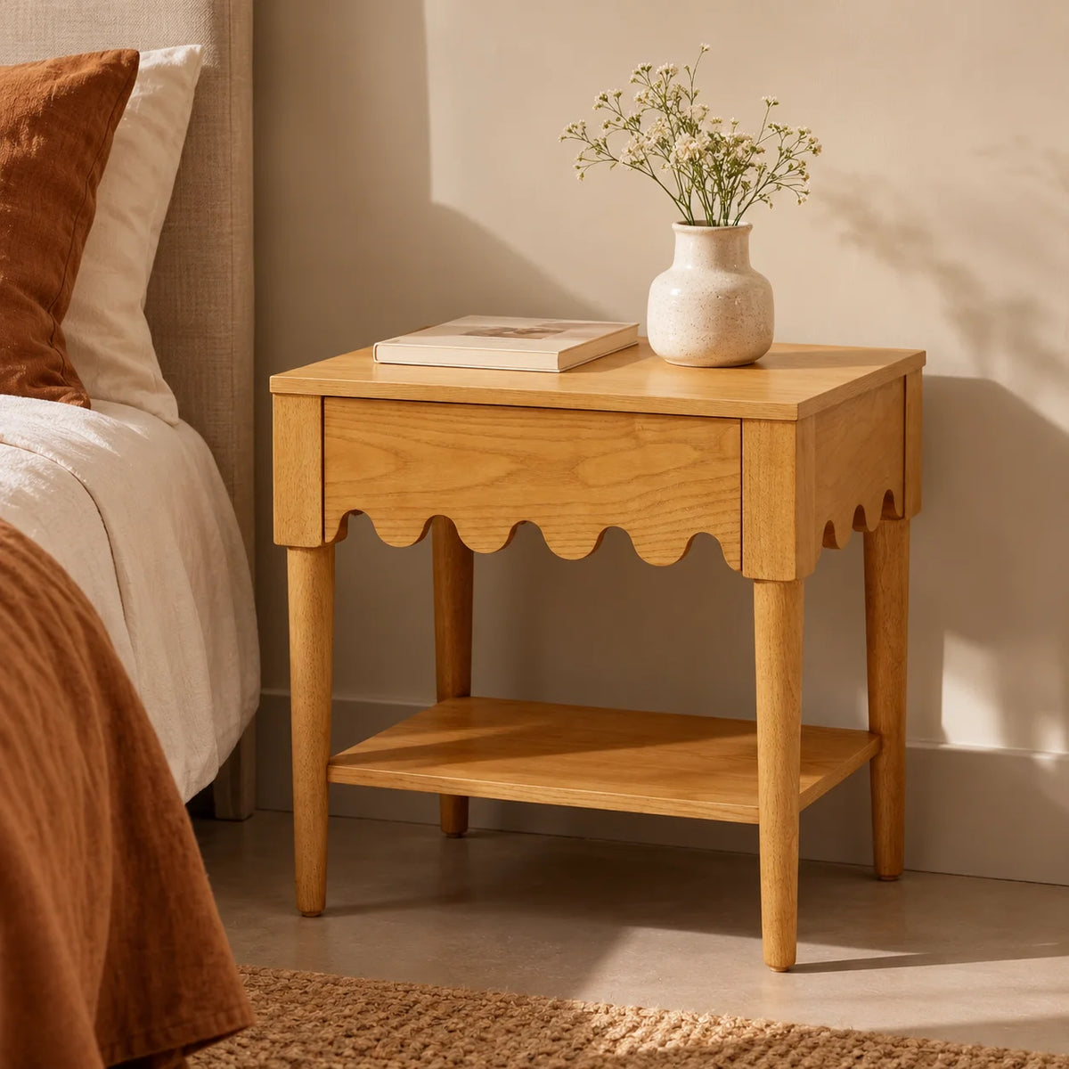 RILES Ash Wood Bedside Table | Solid Wood Side Table for Bedroom Storage