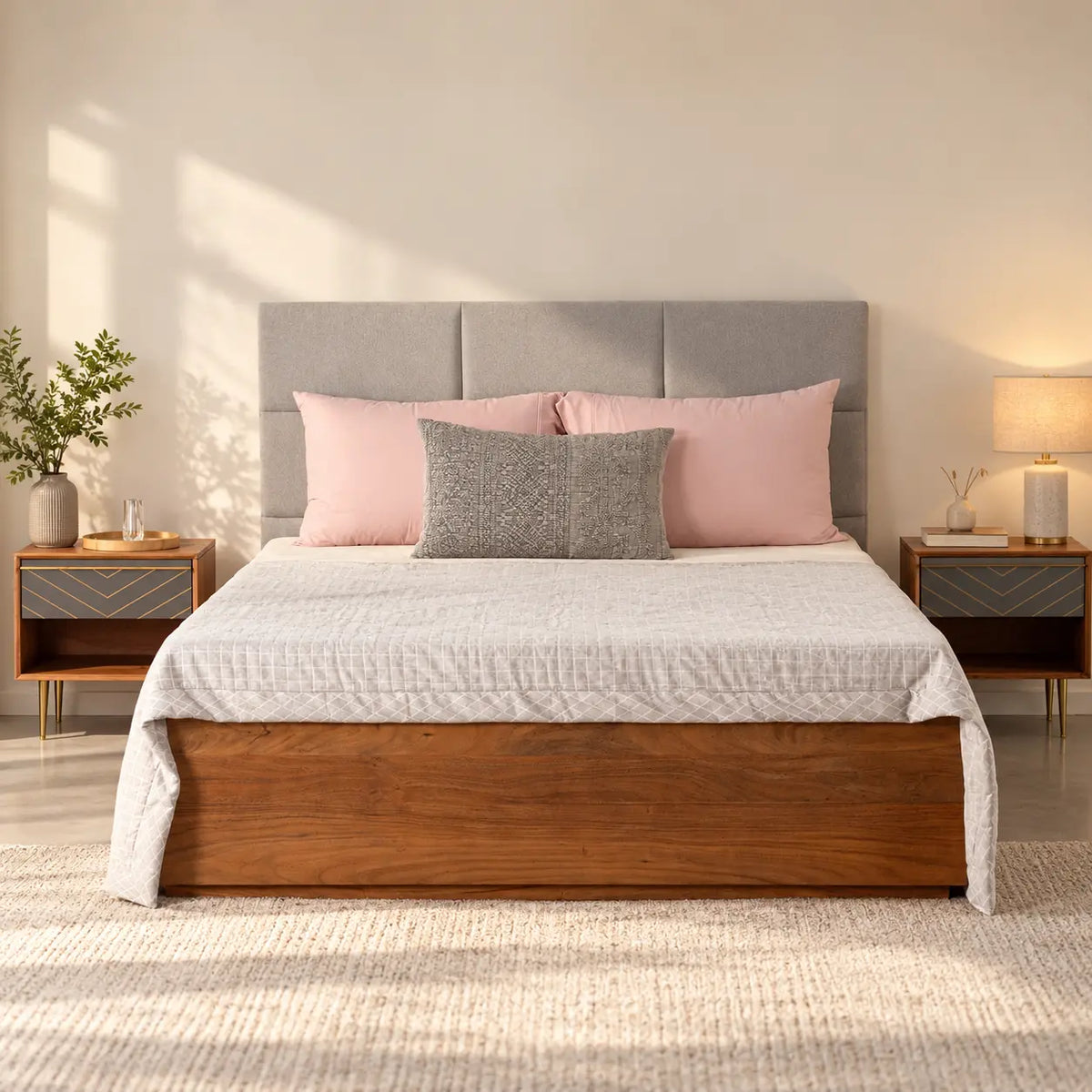 Natural Grey Wooden Hydraulic Bed | Lift Up Bed With Storage For Bedroom
