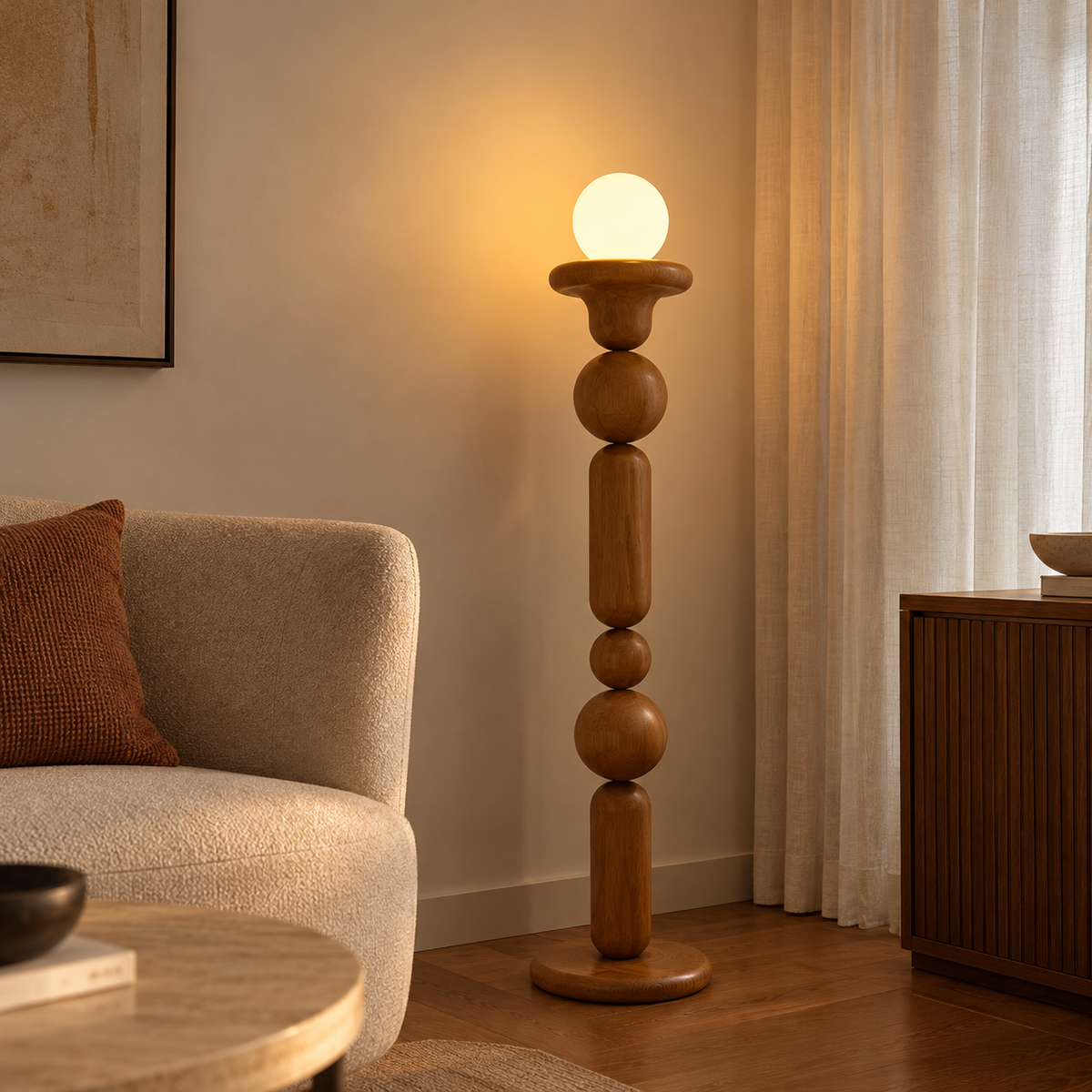 Teak Wood Sculptural Floor Lamp | Designer Modern Standing Lamp for Living Room & Home Decor