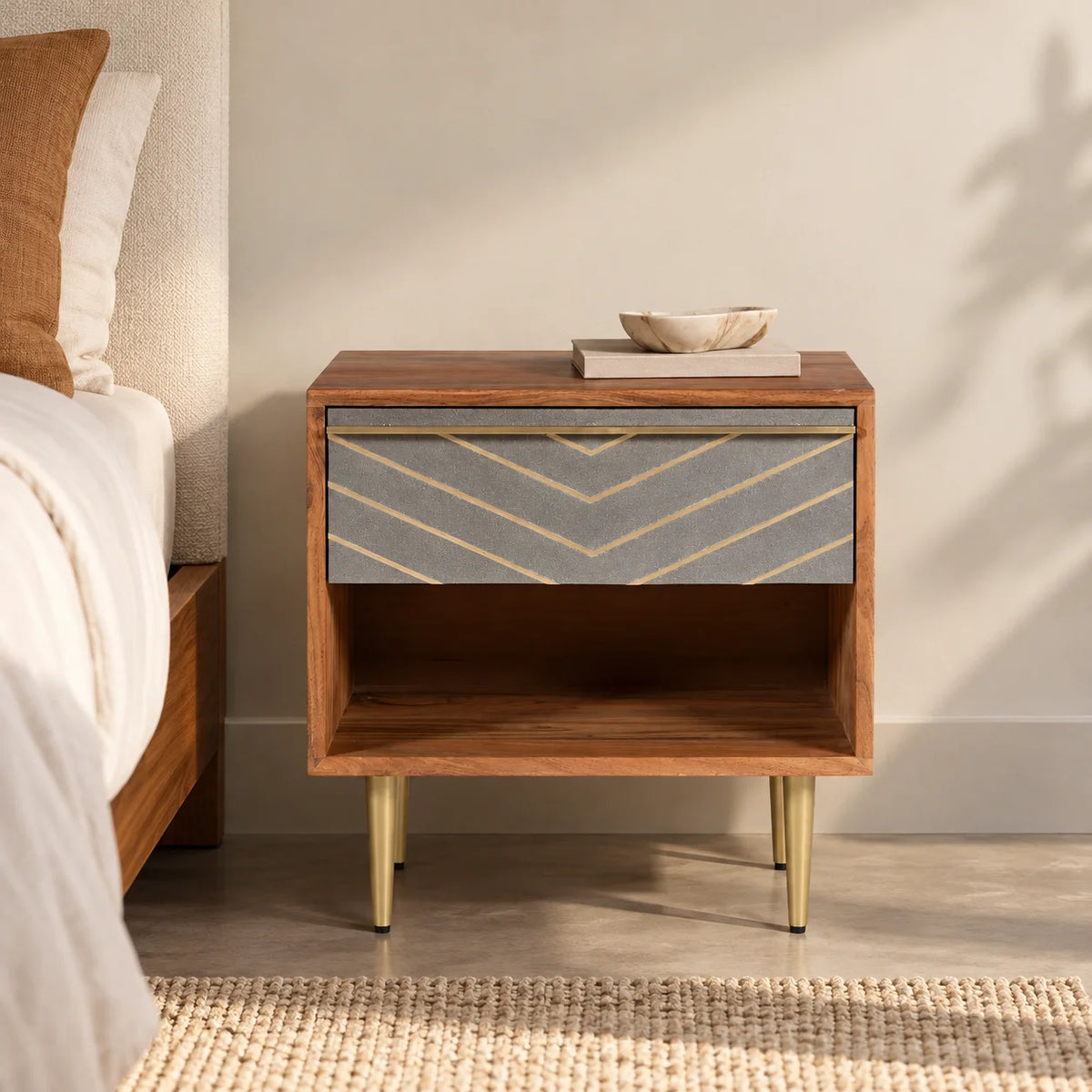 Cement & Iron Finish Wooden Bedside Table With Storage For Home Decor & Home