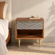 Cement & Iron Finish Wooden Bedside Table With Storage For Home Decor & Home