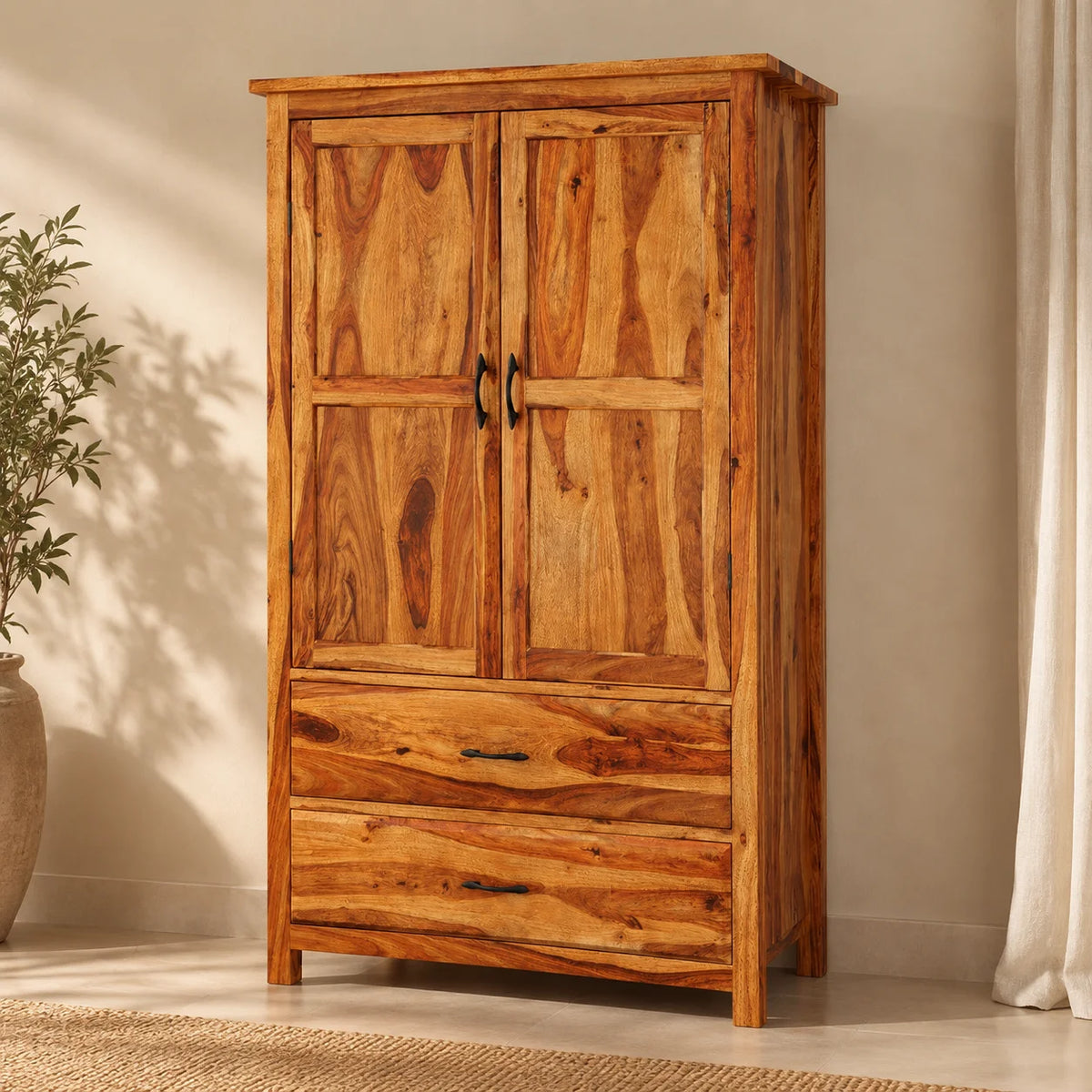 Parker Solid Sheesham Wood 2 Door 2 Drawer Wardrobe In Light Honey Finish