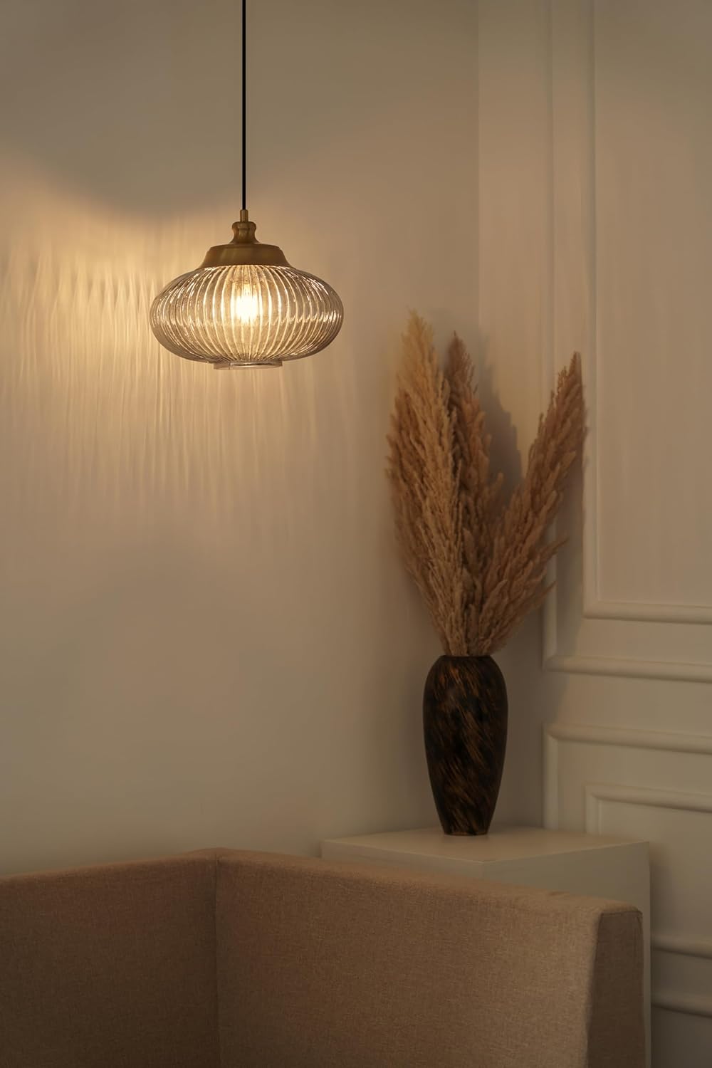 Ribbed Green Melon Glass Hanging Pendant Light Antique Brass Finish for Living Room, Bedroom, Home Decoration and Kitchen