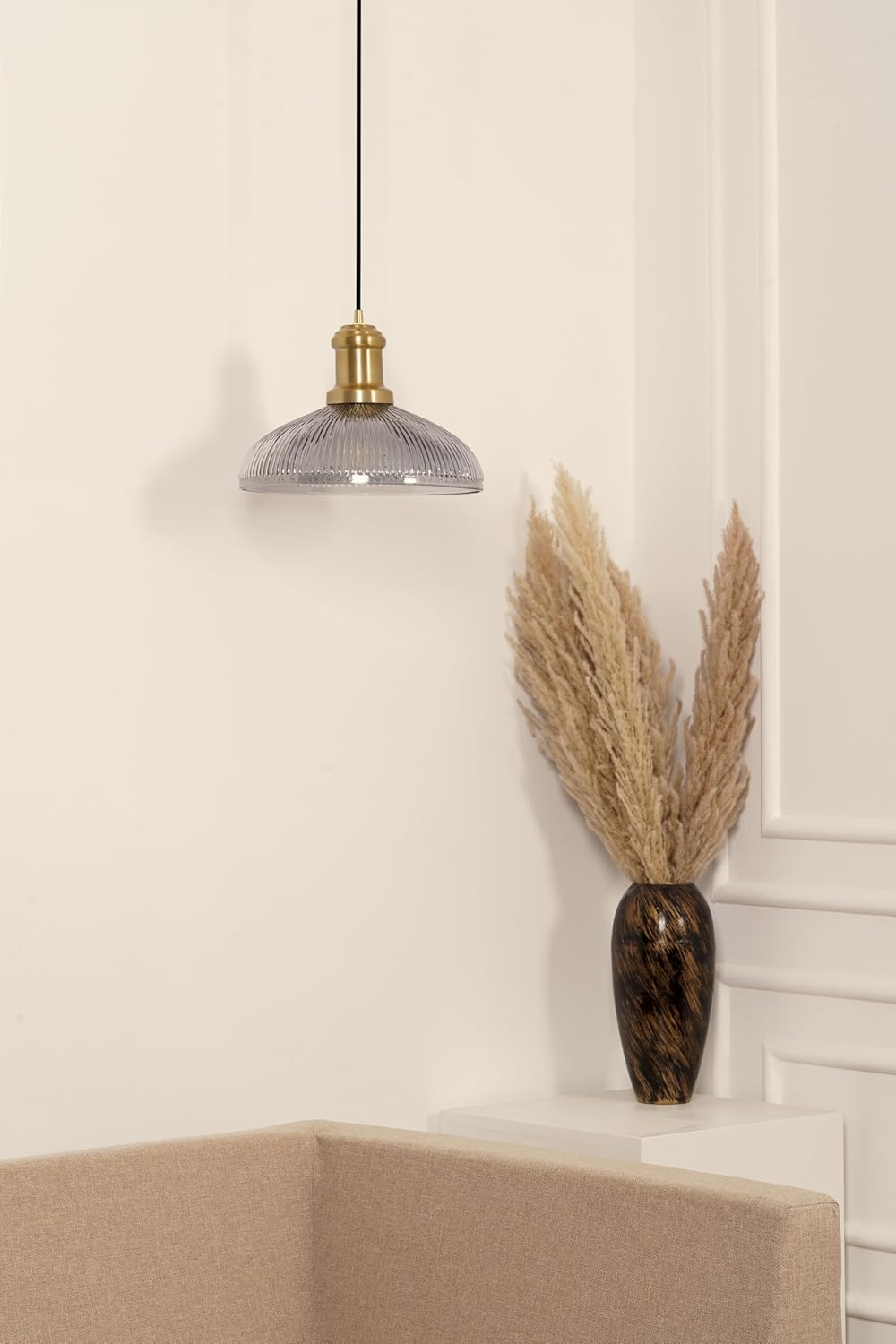 Ribbed Grey Luster Glass Pendant Light with Antique Brass Finish for Living Room, Bedroom, Kitchen and Dining