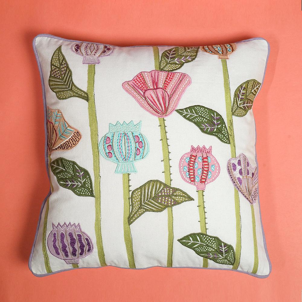 Garden Delight Sofa Cushion Cover | Hand Embroidered Cotton Cushion Cover - 1 Pc