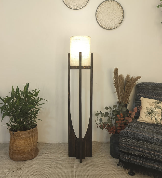 Solitaire Wooden Floor Lamp with White Fabric Lampshade