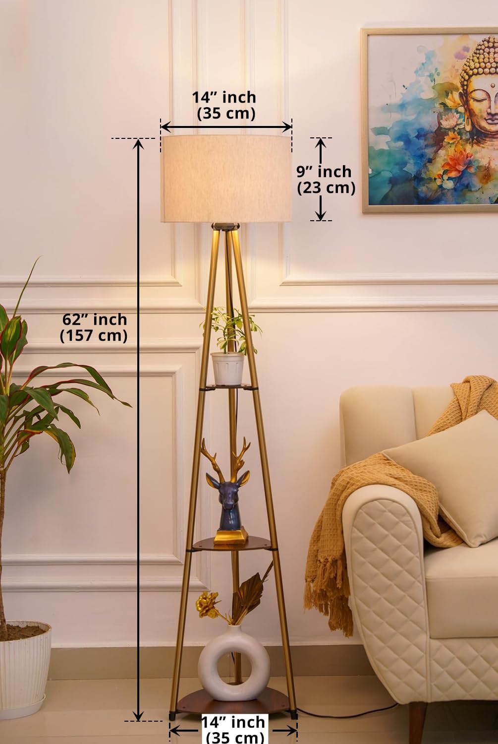 3 Shelves Floor Lamp Brass Antique Finish 5 Feet Height with 14” Diameter Off White Drum Shade for Living Room, Bedroom and Home Decoration