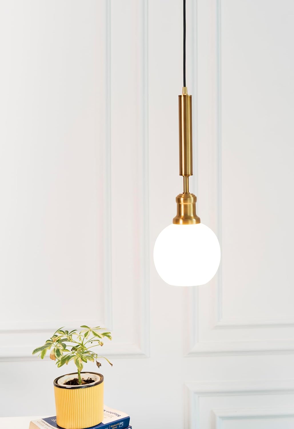 Globe Hanging Pendant Light Antique Brass Finish with Frosted Milky White Glass for Living Room, Bedroom and Home Decoration