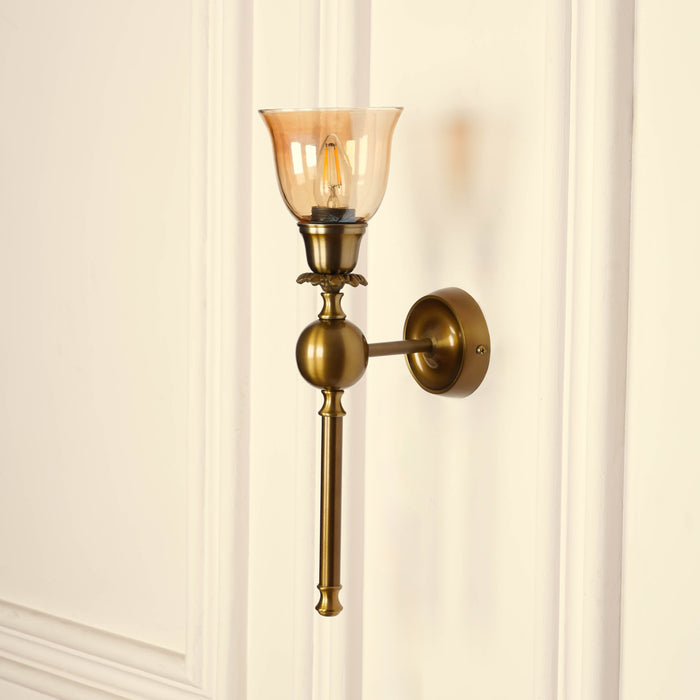 Brass Antique Finish Ball Wall Lamp with Cup Glass Golden Luster Shade