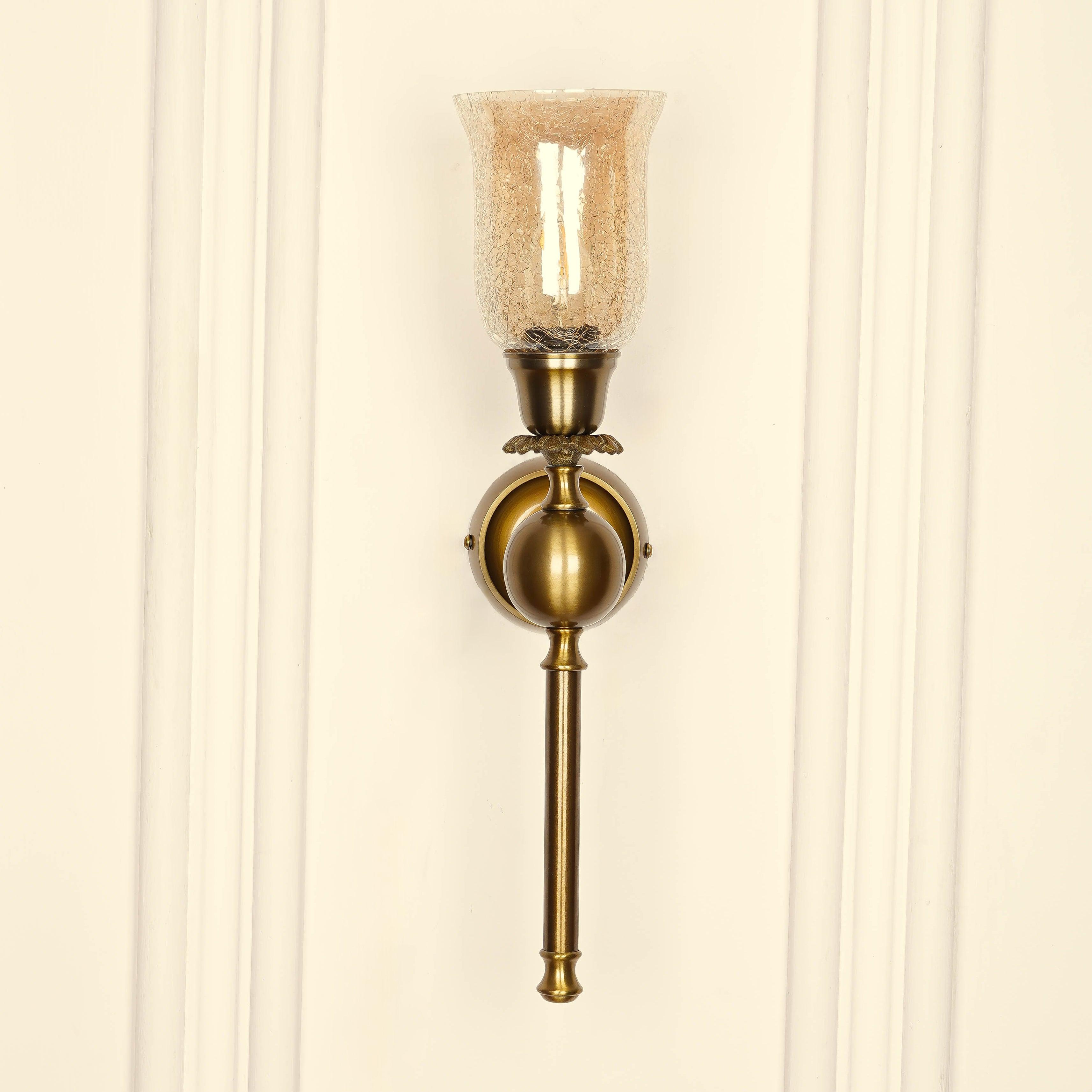 Brass Antique Finish Ball Wall Lamp with Chimney Crackled Glass Golden Luster Shade