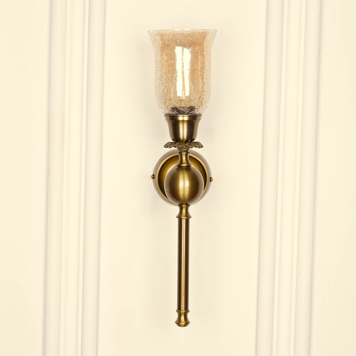 Brass Antique Finish Ball Wall Lamp with Chimney Crackled Glass Golden Luster Shade