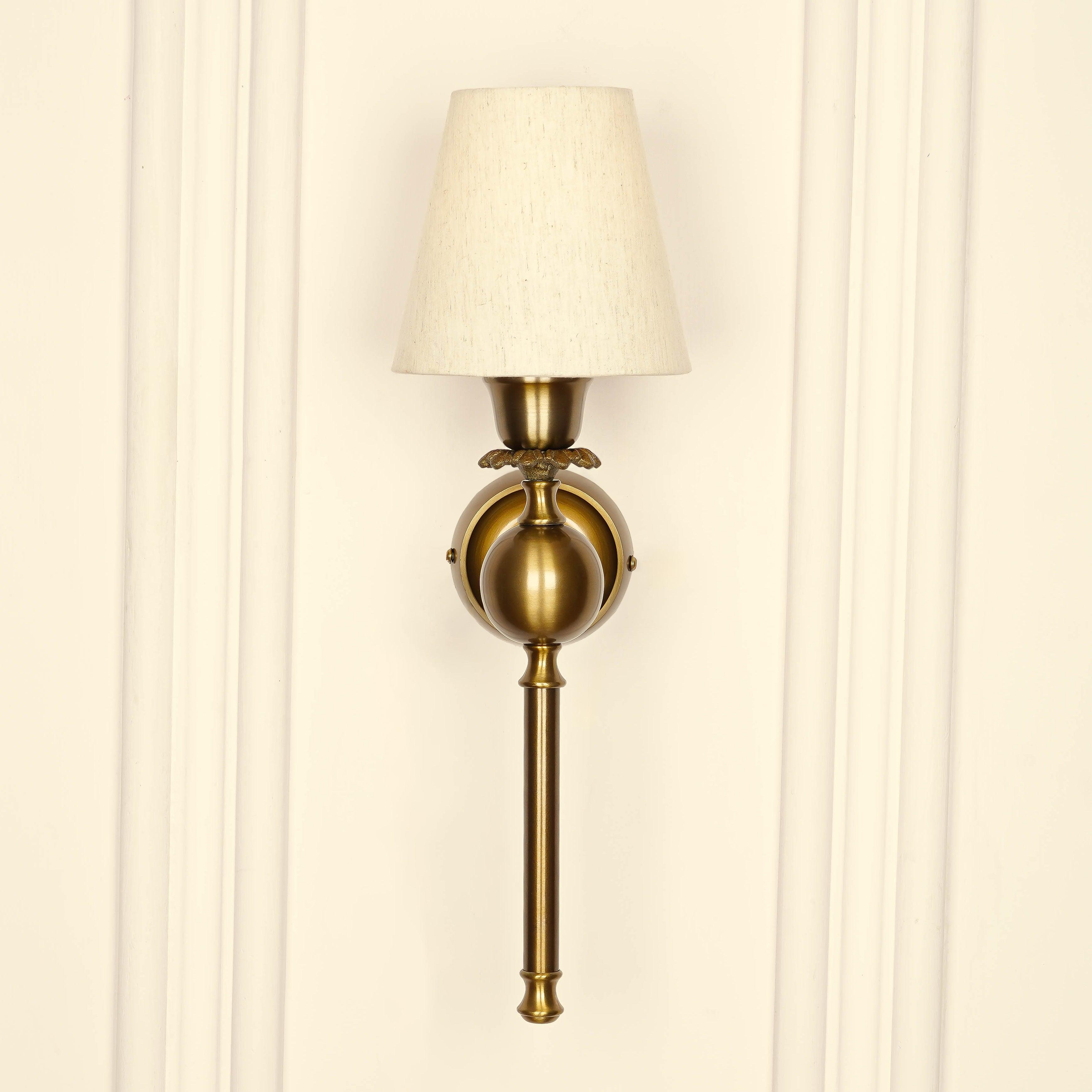 Brass Antique Finish Ball Wall Lamp with Off-White Shade | Decorative Wall Light for Living Room & Bedroom