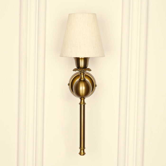 Brass Antique Finish Ball Wall Lamp with Off White Shade